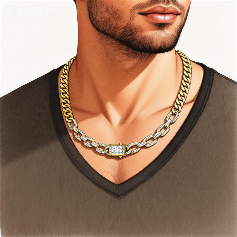 High-Quality Classic Geometric Cuban Necklace With Copper Inlaid Zircon, Suitable For Both Men And Women, Imitation Gold Plated