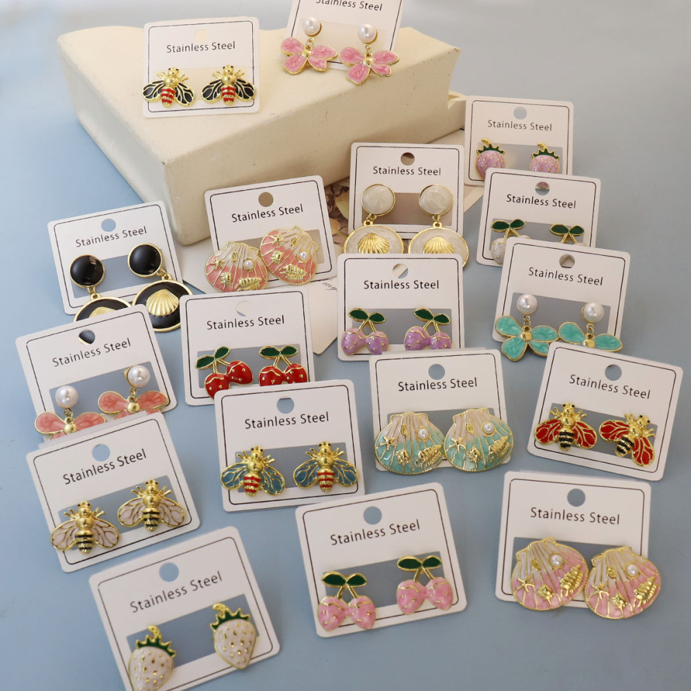 Stainless Steel Bee Strawberry Imitation Pearl Shell Drop Earrings 5 Pairs Or 6 Pairs Fashion Daily Wear Jewelry Perfect Valentine's Day Gift All Seasons Accessories