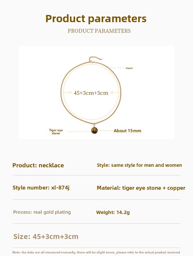 Fashionable Tiger Eye Stone Pendant Necklace Metal Chain Non-Fading 3D Design Versatile Layering Luxury Clavicle Chain Accessory