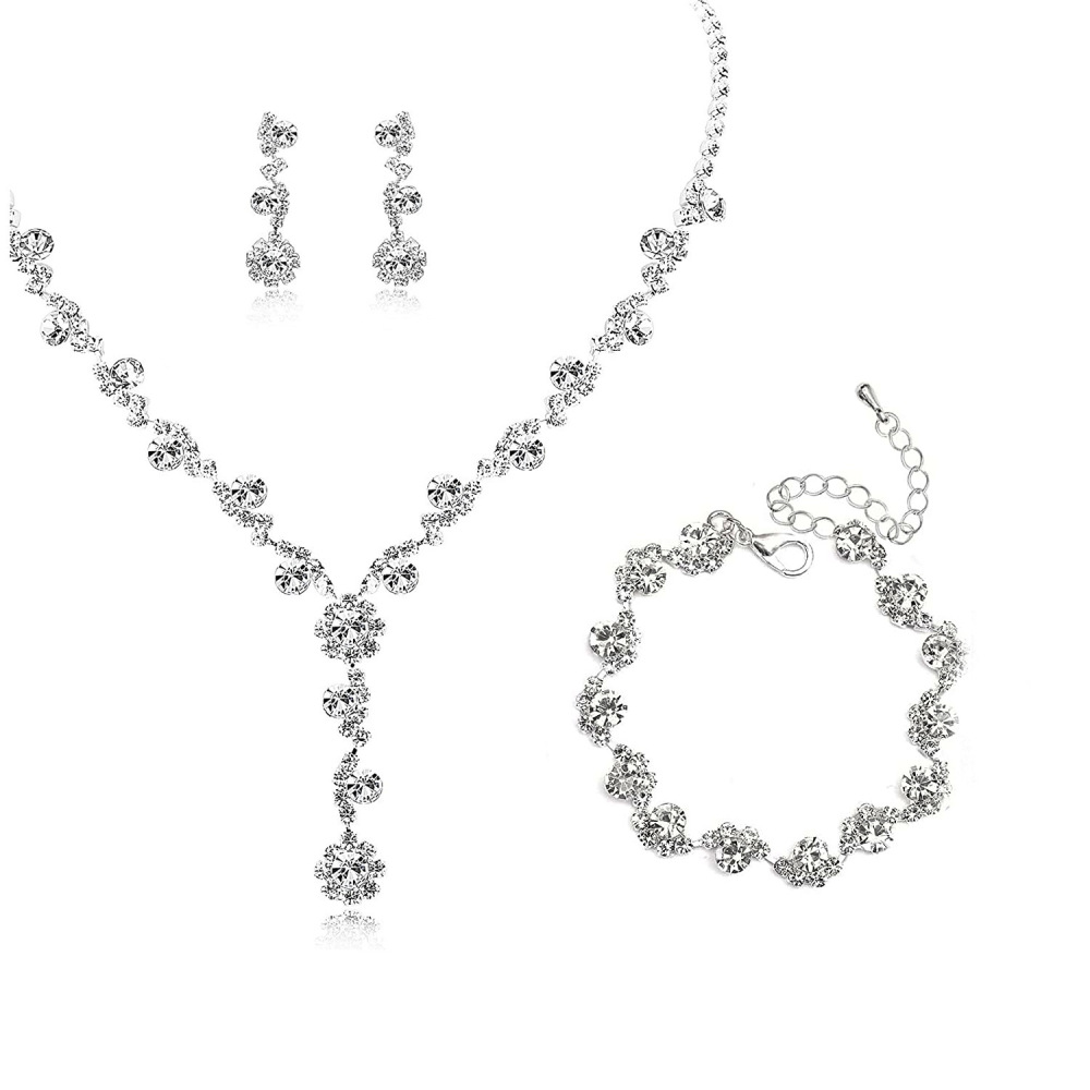 Fashionable  Diamond Floral Tassel Necklace Set Bridal Three-Piece Jewelry Set Elegant Silver Plated Accessories