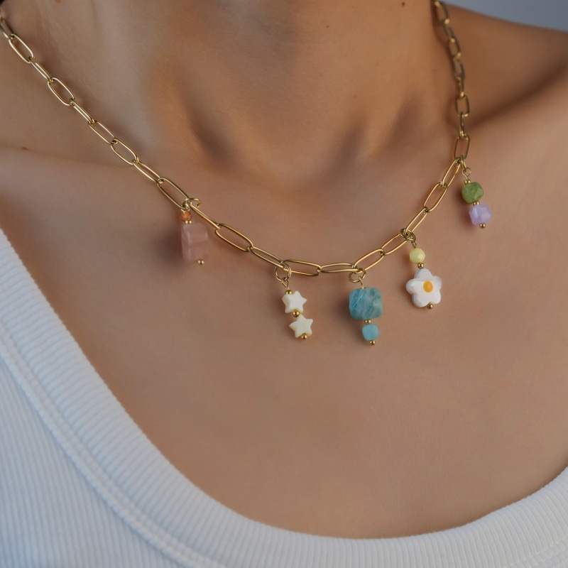 New Colorful Natural Stone Pendant Necklace Simple Fresh Female Style Stainless Steel Original Design Jewelry Accessories