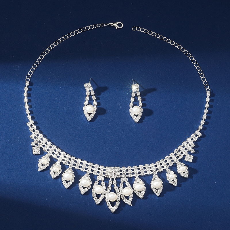 Pearl Rhinestone Necklace Earrings Set Wedding Party Dress Zinc Alloy Jewelry Accessories For Women