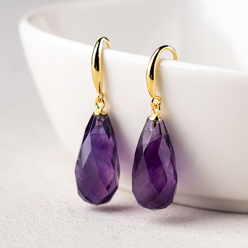 S925 Silver Gold Plated Natural Uruguay Purple Quartz Faceted Lotus Flower Ear Hook Dangle Women's Earrings Geometric Pattern