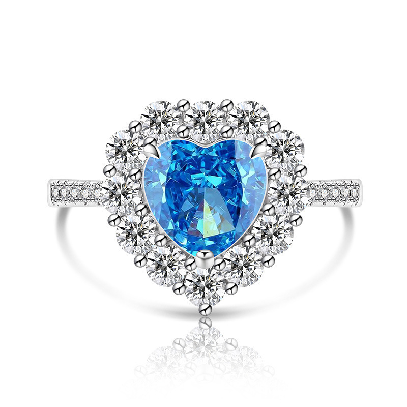 Fashion Heart-shaped Plated Platinum Ring Simple Luxurious Ice Crystal Cut Colored Gemstone High Carbon Diamond Ring Live Streaming Dropshipping