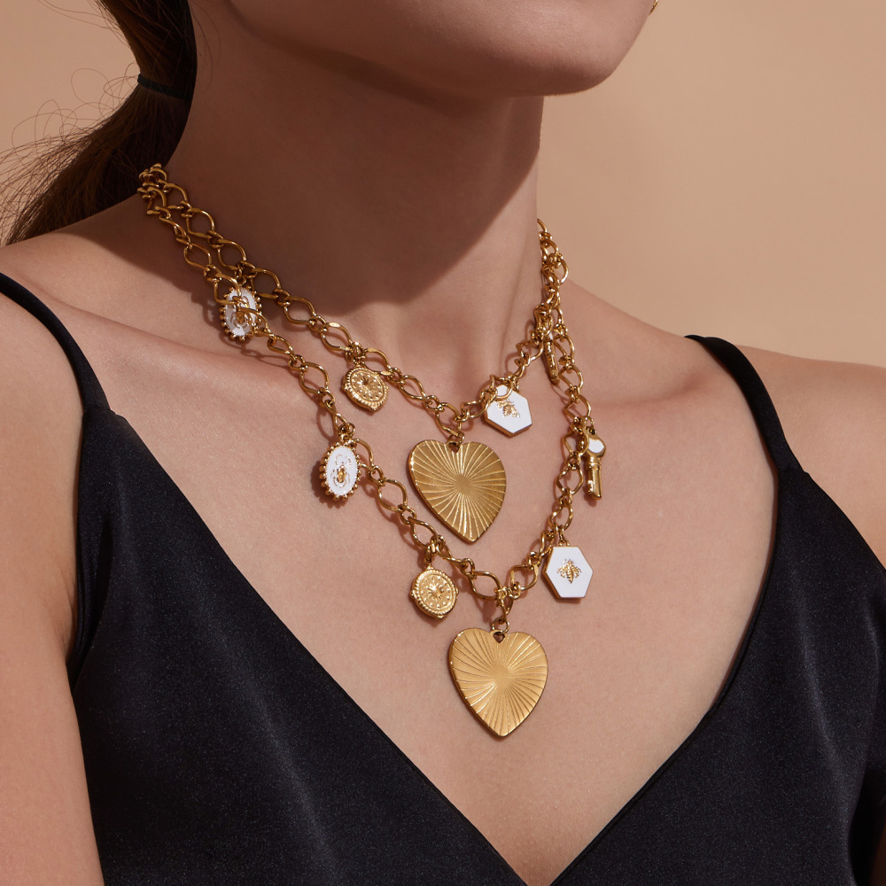 Stainless Steel Heart DIY Multi-Accessories Pendant Necklace Bracelet Heavy Work Personality Exaggeration Jewelry Set