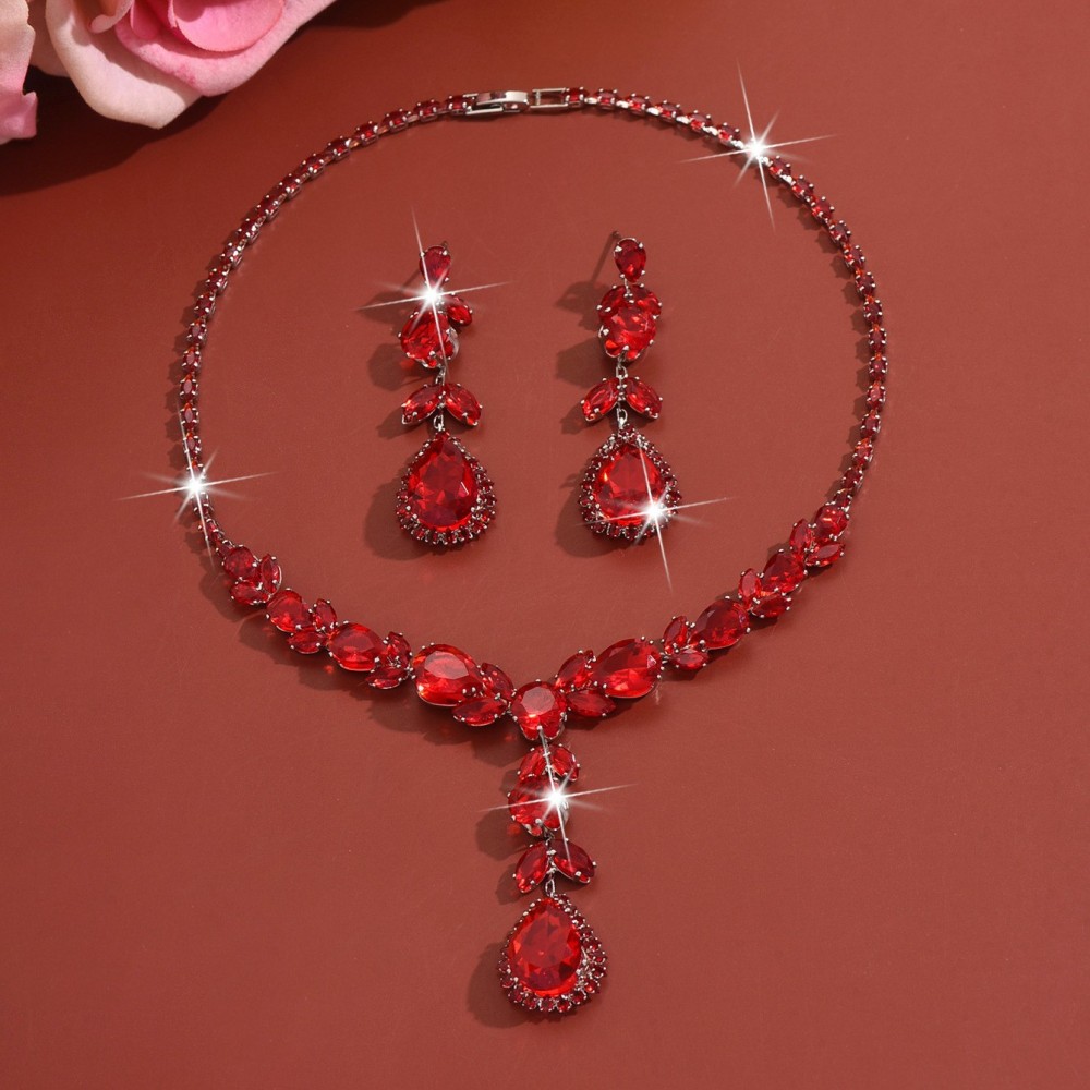 Luxurious Rainbow Zircon Heart Necklace Earrings Set Elegant Dinner Wedding Dress Accessories Fashionable Jewelry Combo For Women