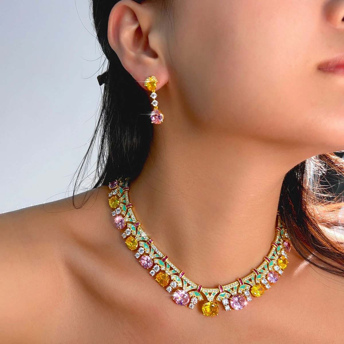 Water Plated White Gold Bohemian Style Colorful Zircon Geometric Flower Copper Jewelry Set Two-Piece Waterproof Non-Fading Safety Buckle Tennis Chain