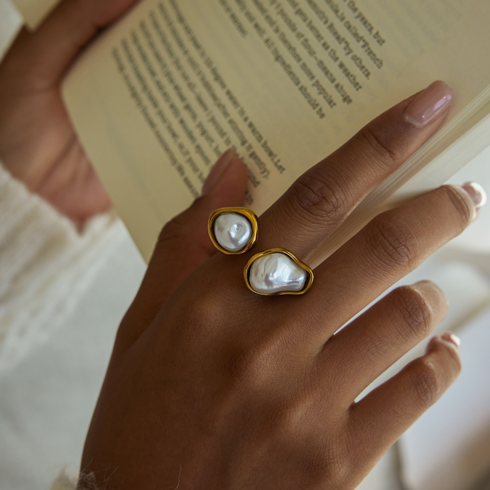 304 Stainless Steel Resin Pearl Asymmetrical PVD Coated Pearl 18K Real Gold Plated Rings