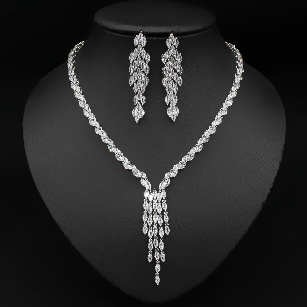 Zirconia Bridal Jewelry Set Earrings And Necklace Tassel Wedding Accessories Leaf Pattern Simplicity Designed For Women