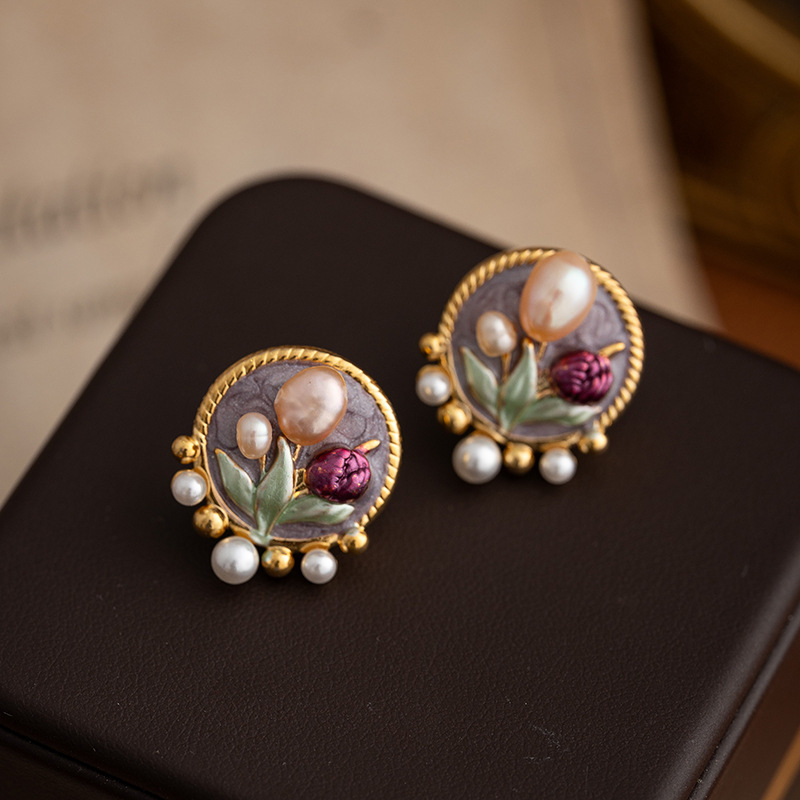 Natural Pearl Floral Earrings Women's French Vintage Monet Garden Ear Studs New Chinese Court Style Jewelry Accessories