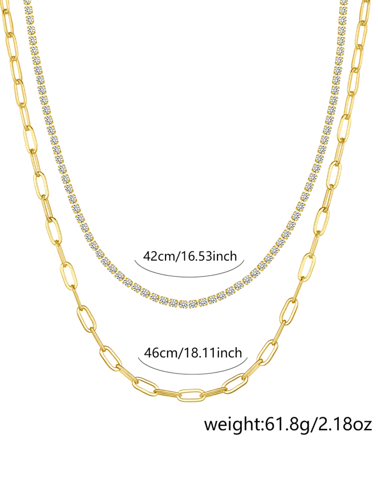 Women's 18K Gold Double Layer Stacked Necklace Set Gift Box Gold Geometric Square Buckle Chain + Micro Pave Diamond Chain French Light Luxury Style Niche Design Choker Exquisite Versatile Accessories