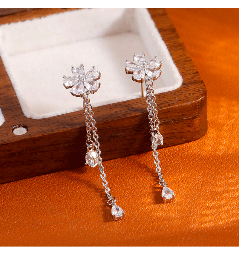 New Luxury Commuter Zircon Flower Earrings Fashionable Elegant Tassel Waterdrop High-End Feelings Women's Jewelry Accessories