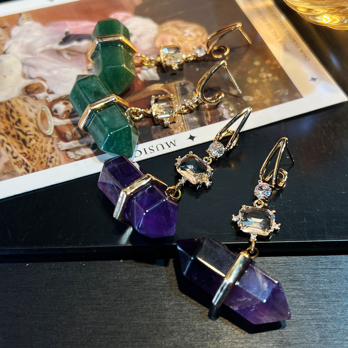 Natural Stone Earrings Amethyst Simple European Style Copper Inlaid Zircon Creative Vintage Fashion Jewelry Accessories