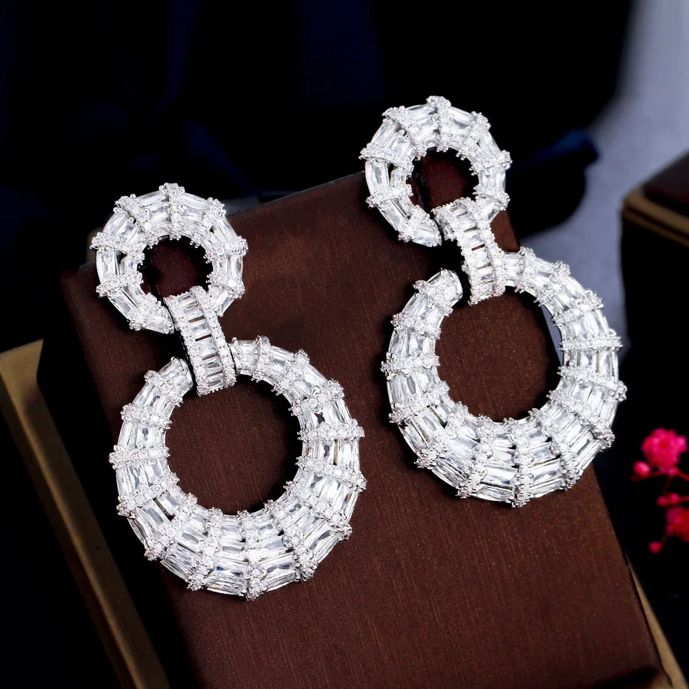 Copper Style Earrings Women Plated White Gold Thick Long Large Round Hoop Dangle Earrings Luxury Zircon Bridal Wedding Jewelry Accessories