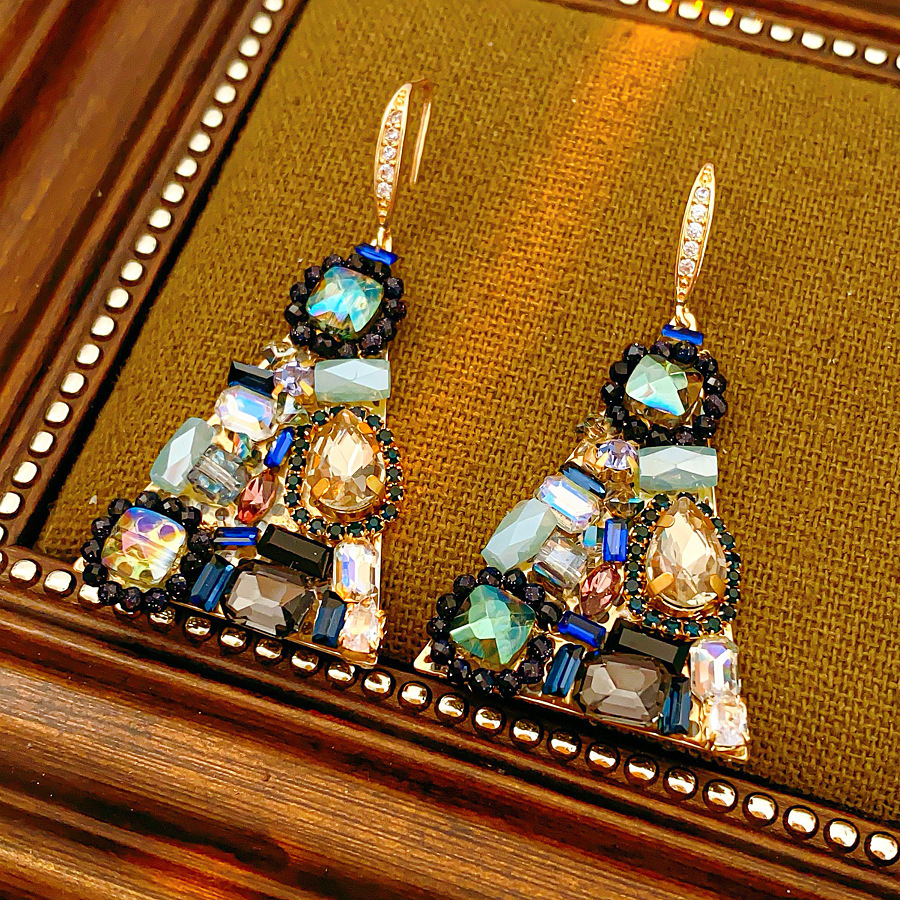 Elegant Triangular Zircon Hoop Earrings Versatile Fashionable Retro Ethnic Style Women's Jewelry Geometric Pattern Durable