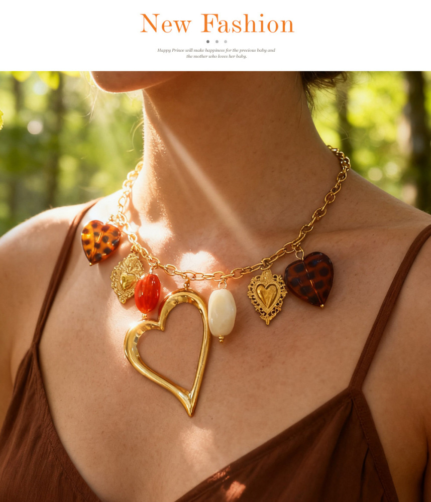 Titanium Steel Resin Pendant Necklace Couple Geometric Leopard Heart Shape Bohemian Chain Jewelry Accessories