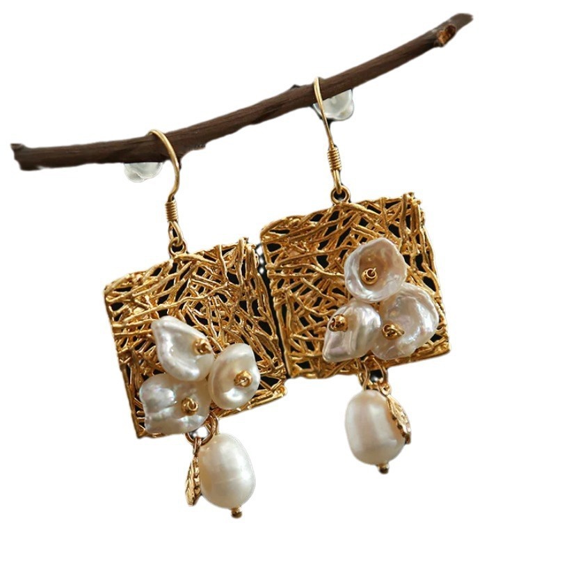 New Style Hollow Out Geometric Square Pearl Nest Unique Personality Trendy Earrings Fashionable Women's Jewelry Accessories