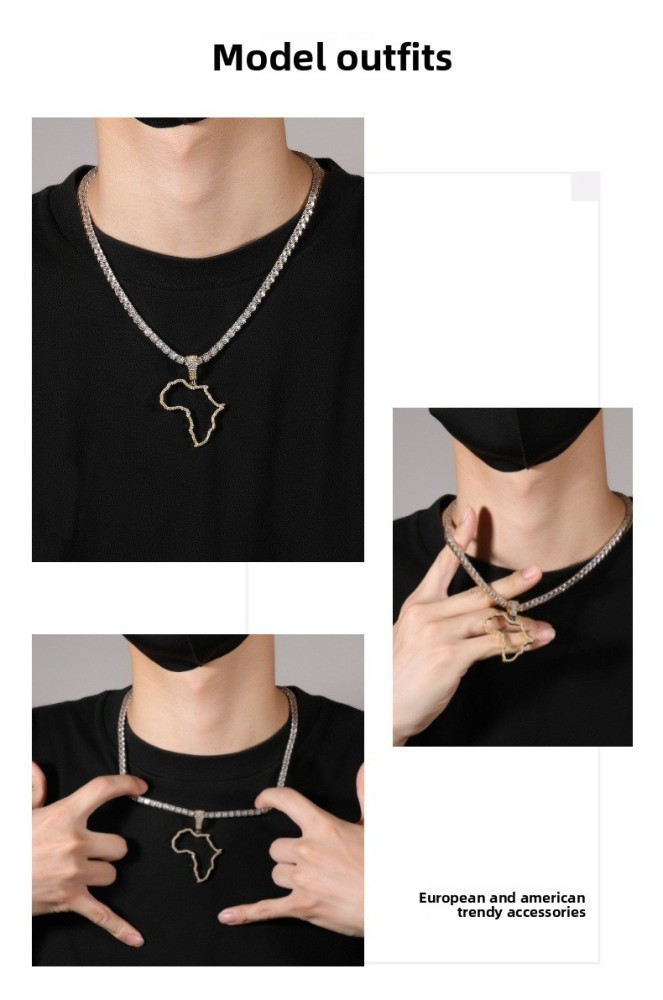 Fashion Hollow Copper Inlaid Zircon African Map Pendant Vacuum Electroplated 304 Stainless Steel Unique Design Hip Hop Style Fashion Accessories