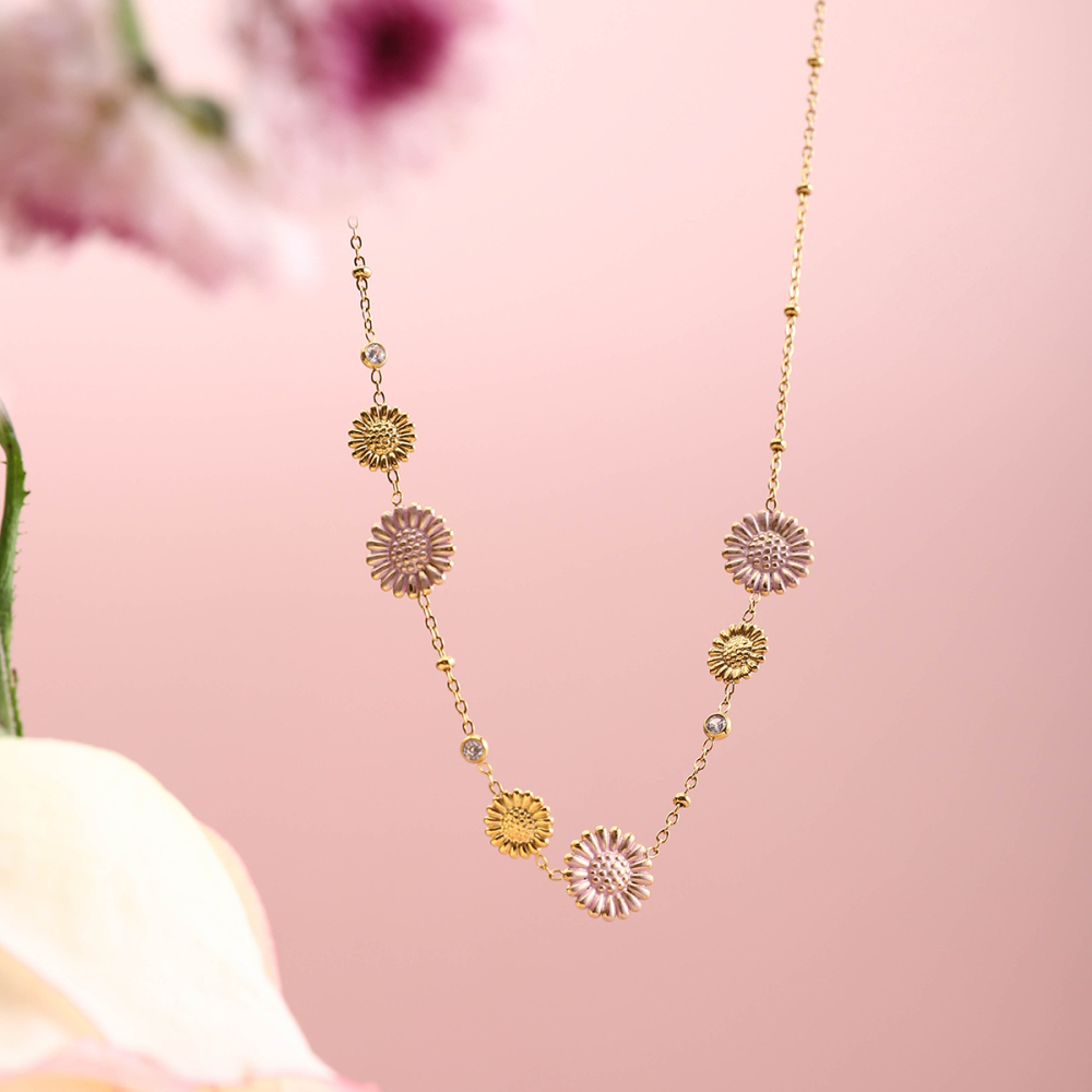 316 Stainless Steel  PVD Coated Chrysanthemum Casual Vacation Commute Cable Chain Necklace For Women's