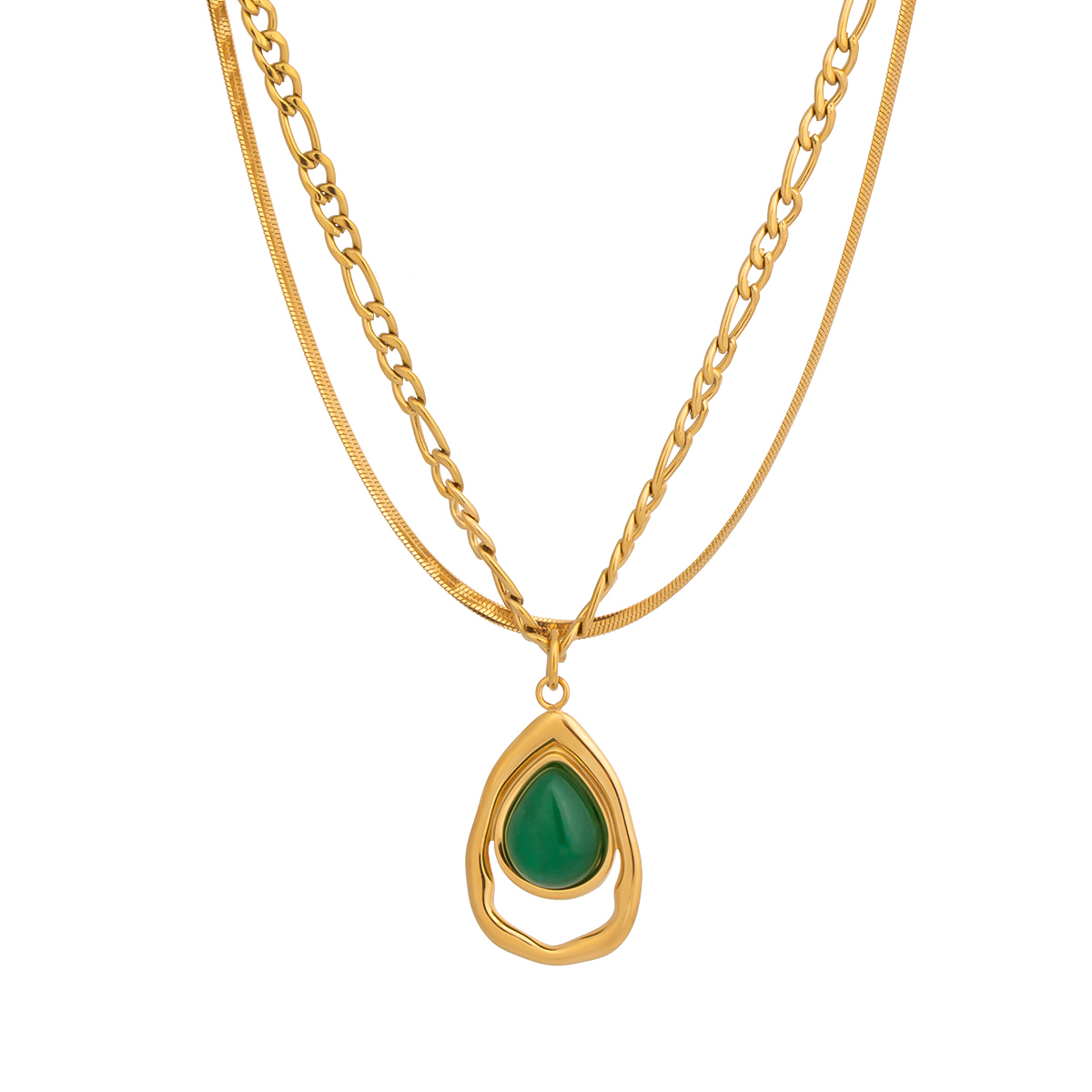 Elegant Natural Stone Waterdrop Green Double Layer Necklace Fashionable Stainless Steel 18K Gold Plated Women's Jewelry Accessory