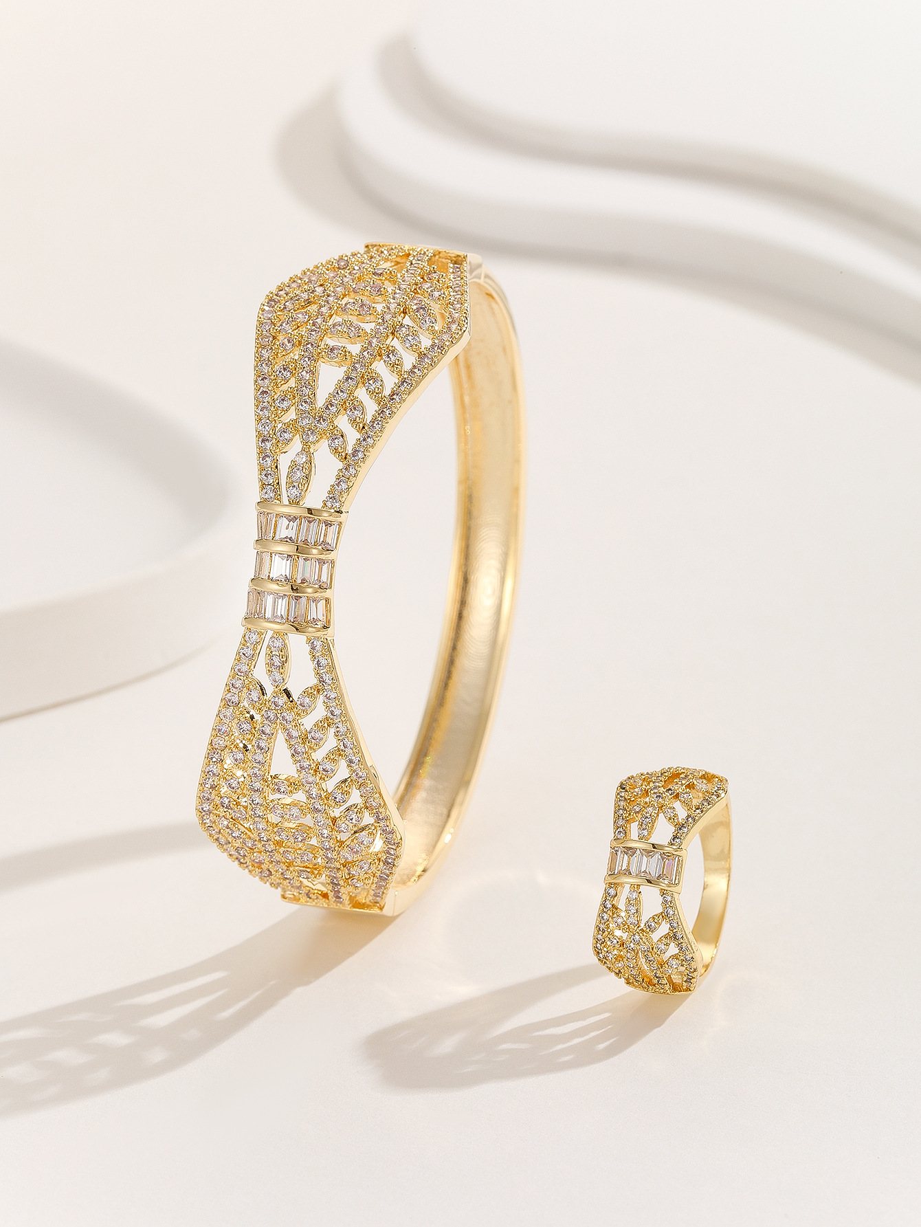 Exclusive New Dongdaemun Women's Middle Eastern Style Micro-Inlaid Hollow Pattern Series Bracelet And Ring Set