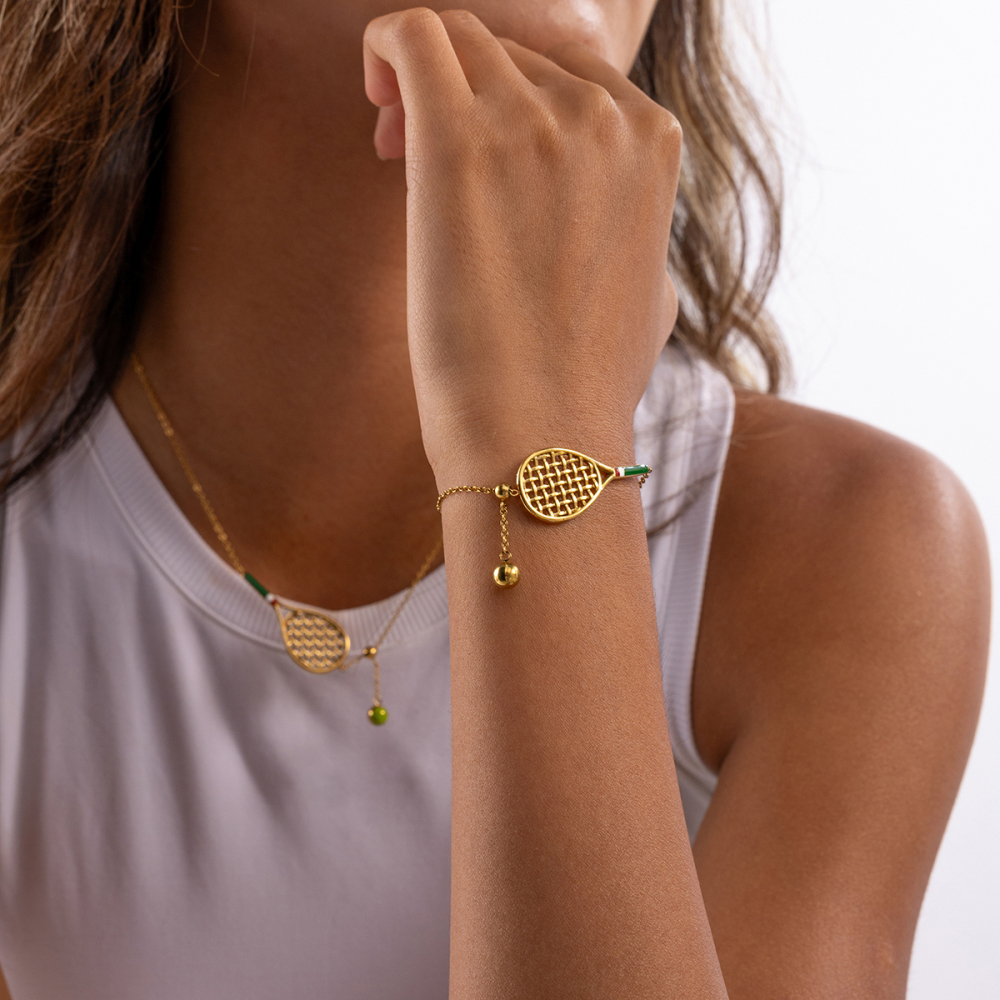 Ladies' Sporty Style Tennis Racket Pendant Necklace Bracelet Set Stainless Steel Green Drip Oil Colorful Jewelry Accessories