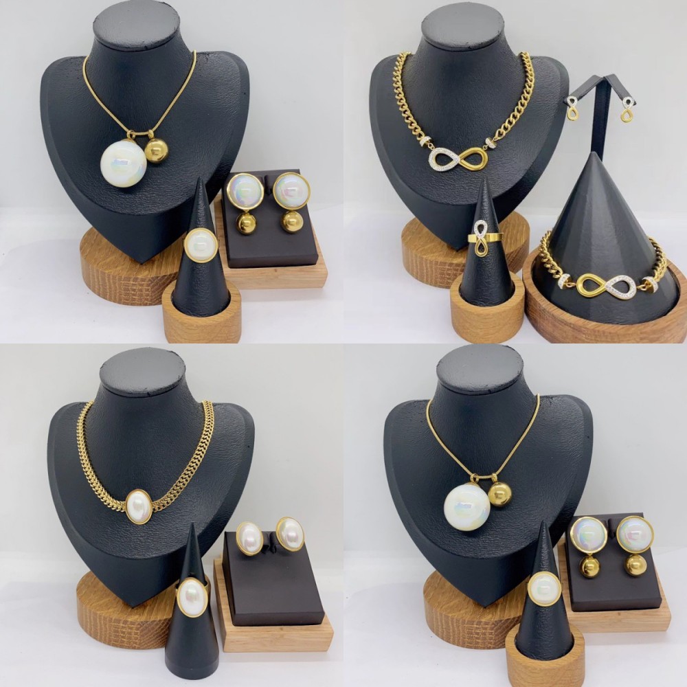 Classic Electroplated Color Retention Ring Earring Bracelet Necklace Set Round Oval Infinity Shape Fashion Jewelry Accessories For Women