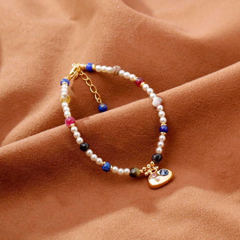 Original Design Vacation Style Women's Bracelet Fashion Luxury Imitation Pearl Lapis Lazuli Accessories Geometric Pattern Copper