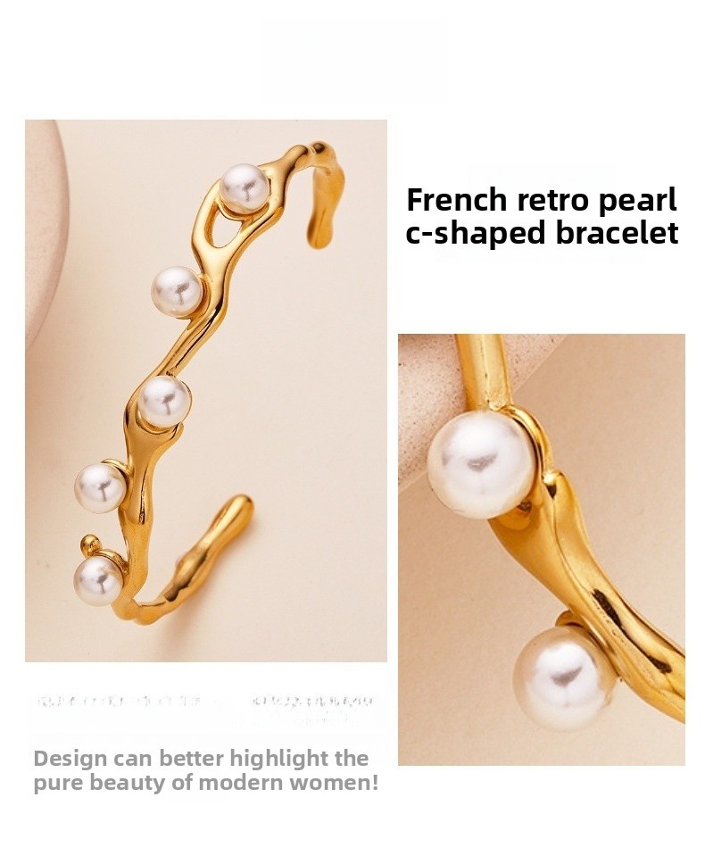 Elegant C-shaped Pearl Inlaid Titanium Steel Bracelet Women's Accessories Vintage French Style Rose Gold