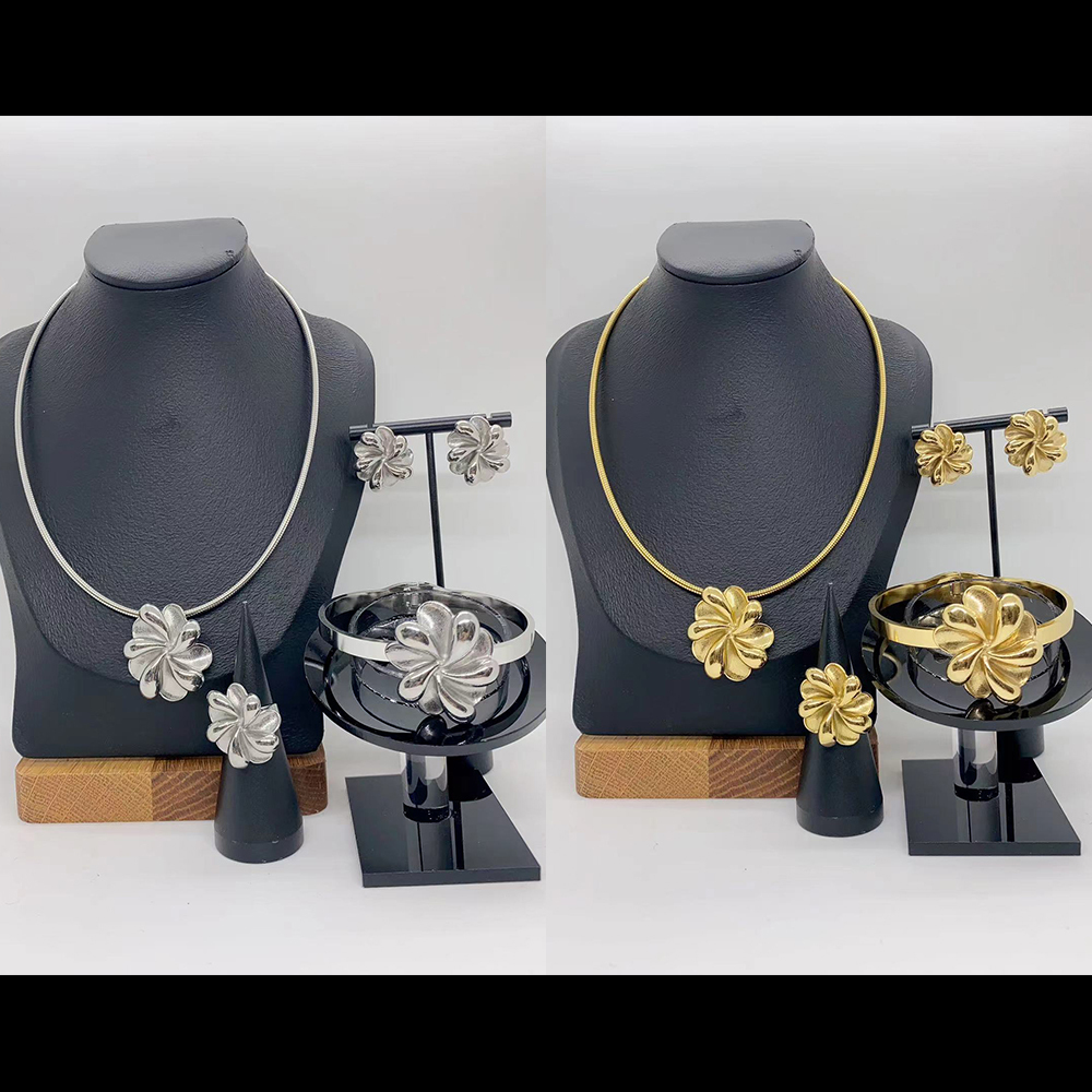 European And American Fashion Trend Ins Style Exaggerated 304 Stainless Steel Multi-Petal Flower Necklace Earrings Ring Bracelet Set