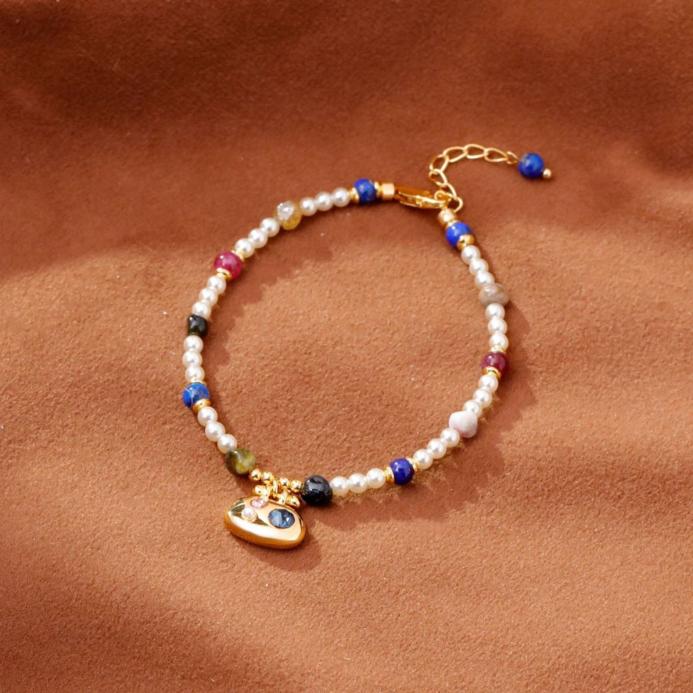 Original Design Vacation Style Women's Bracelet Fashion Luxury Imitation Pearl Lapis Lazuli Accessories Geometric Pattern Copper