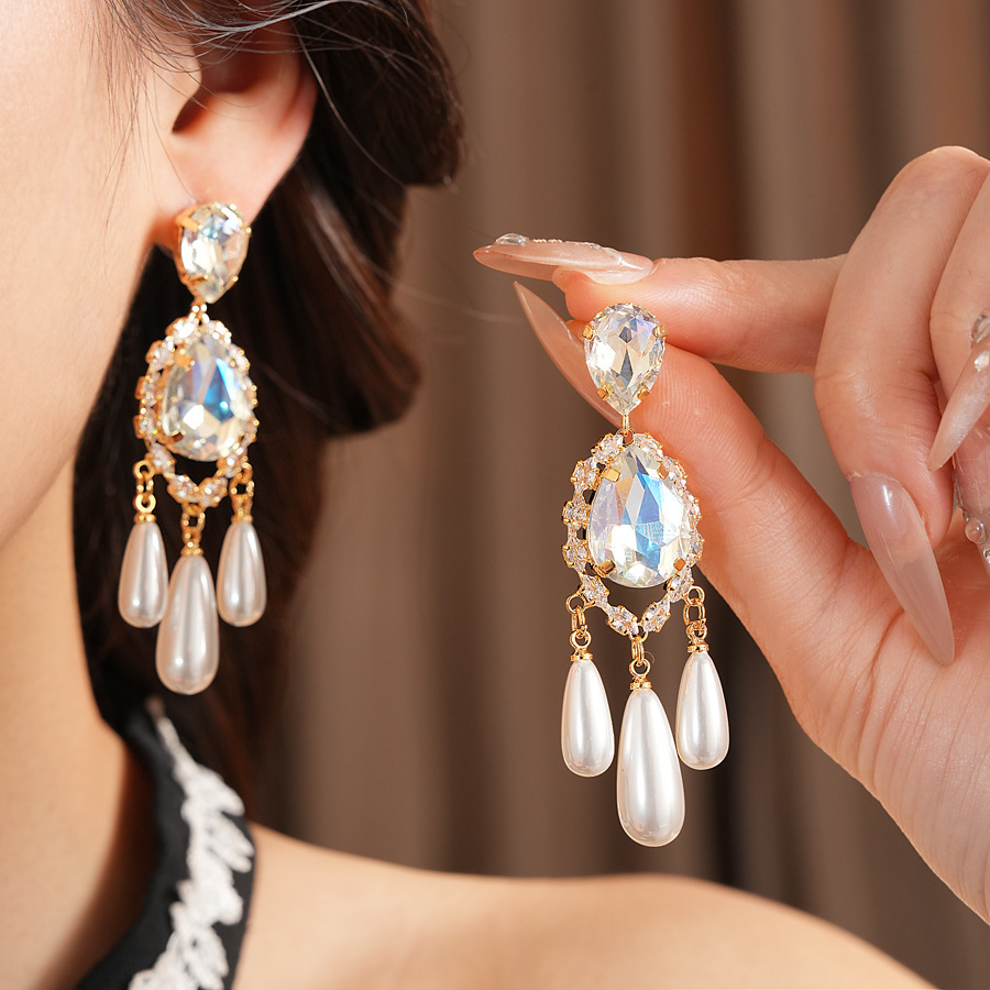 Vintage Silver Needle Inlaid Diamond Water Drop Pendant Pearl Earrings Multifunctional Pearl Jewelry Accessories