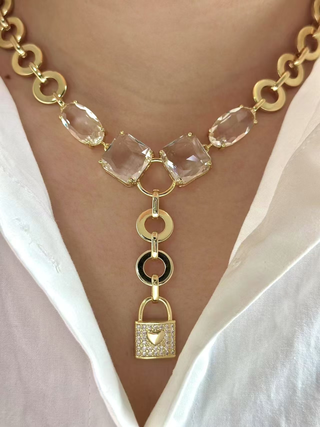 Wholesale Jewelry Elegant Classical Rock Candy Heart Shape Lock Copper Zircon Gold Plated Bracelets Necklace