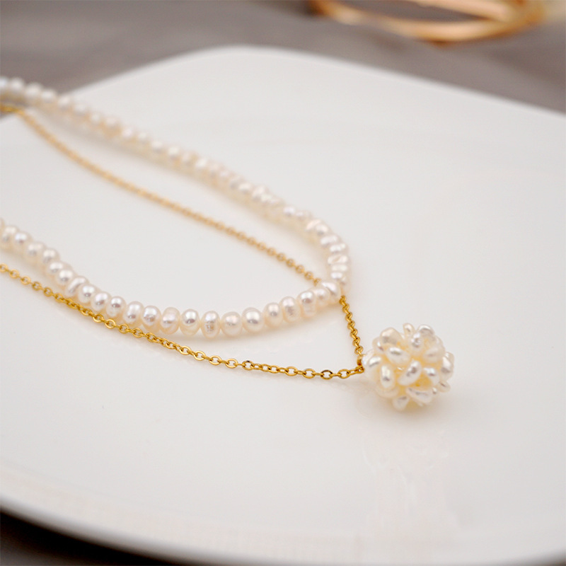 Two-layer Freshwater Pearl Necklace Simple Pearl Ball Collarbone Chain Vintage Accessories Geometric Wedding Jewelry Suitable For Women