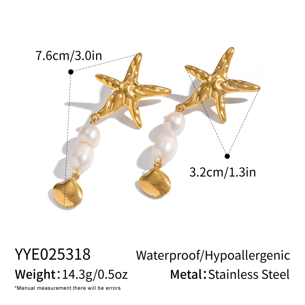 Ocean Wind Starfish Natural Freshwater Pearl Tassel Earrings Casual Stainless Steel Non-fading Accessories For Girls