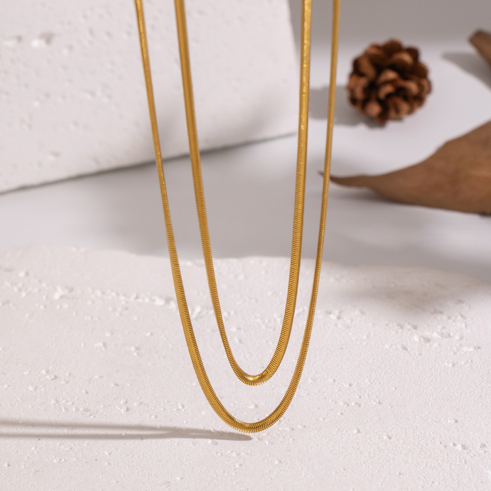 Vacuum Electroplating (In Furnace) Plated 18K Real Gold 201 Stainless Steel Double Layer Flat Snake Chain Basic Versatile Everyday Sweater Chain Necklace Non-Fading High-End Accessories Jewelry