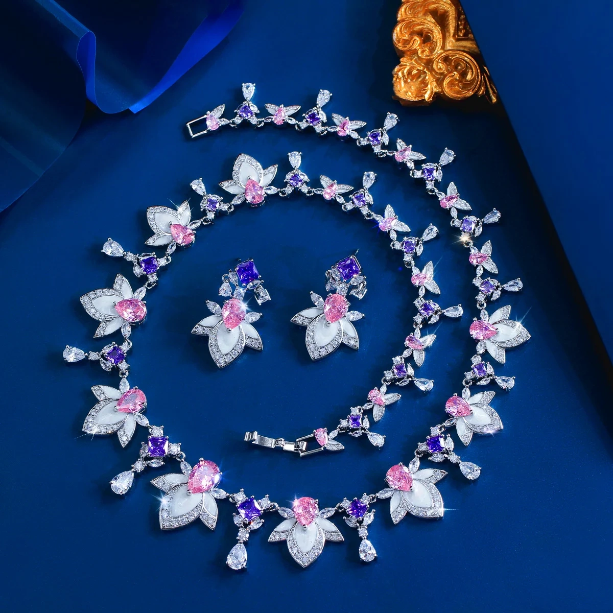 Copper Jewelry Two-Piece Set Luxurious Elegant Colorful Cubic Zirconia Enamel Floral Necklace Earring Set Suitable For Women's Weddings And Parties