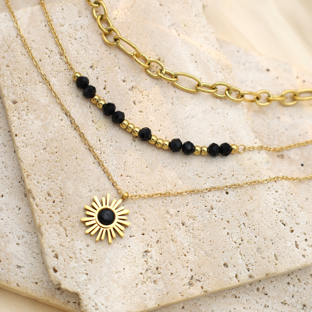 304 Stainless Steel Titanium Gold Black Sunflower Pendant Necklace Three-Layer Bead Collarbone Chain Jewelry Women's Accessories