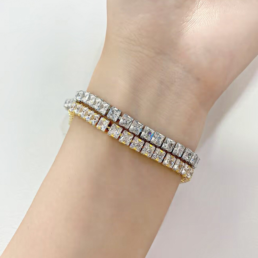 Fashion Stainless Steel Square Zircon Tennis Chain Bracelet Unisex Fashion Accessories Geometric Pattern Personalized Design