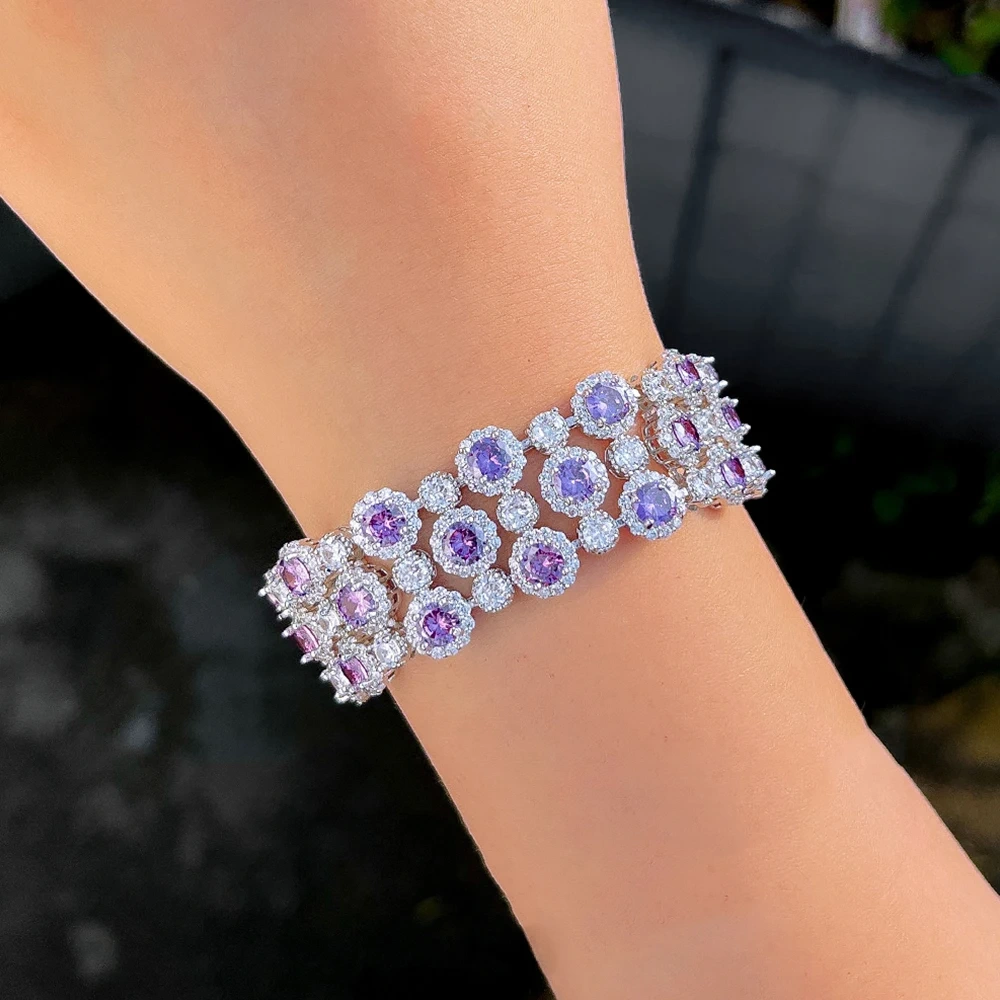 1 Copper Bracelet Luxurious Shiny Red Round Cubic Zirconia Wide Bangle For Women Exquisite Mother's Day Jewelry Holiday Gift