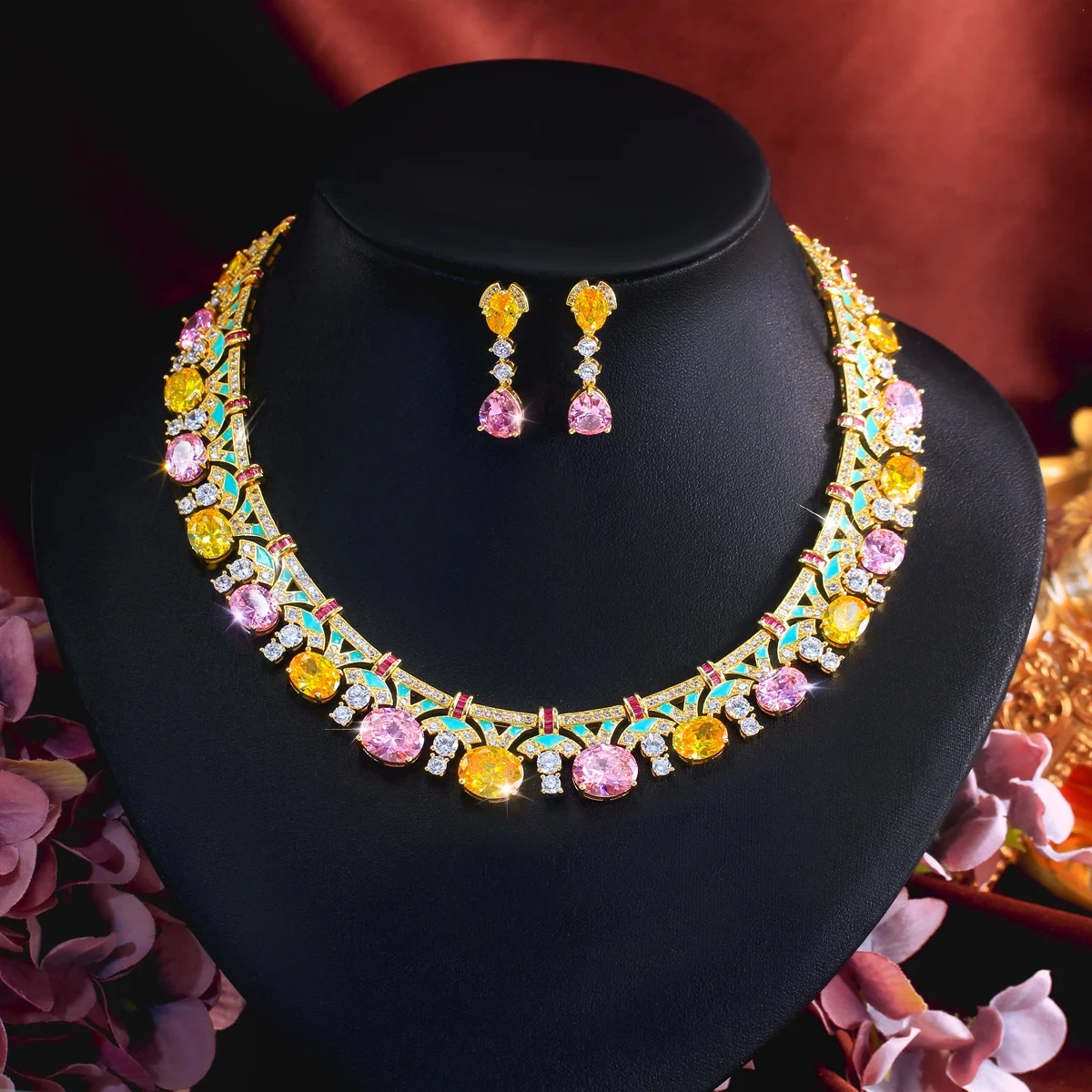 Water Plated White Gold Bohemian Style Colorful Zircon Geometric Flower Copper Jewelry Set Two-Piece Waterproof Non-Fading Safety Buckle Tennis Chain