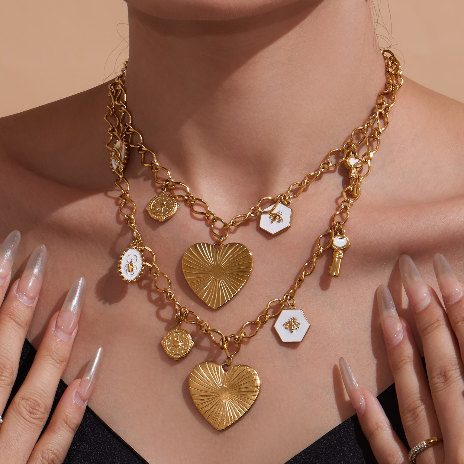 Stainless Steel Heart DIY Multi-Accessories Pendant Necklace Bracelet Heavy Work Personality Exaggeration Jewelry Set