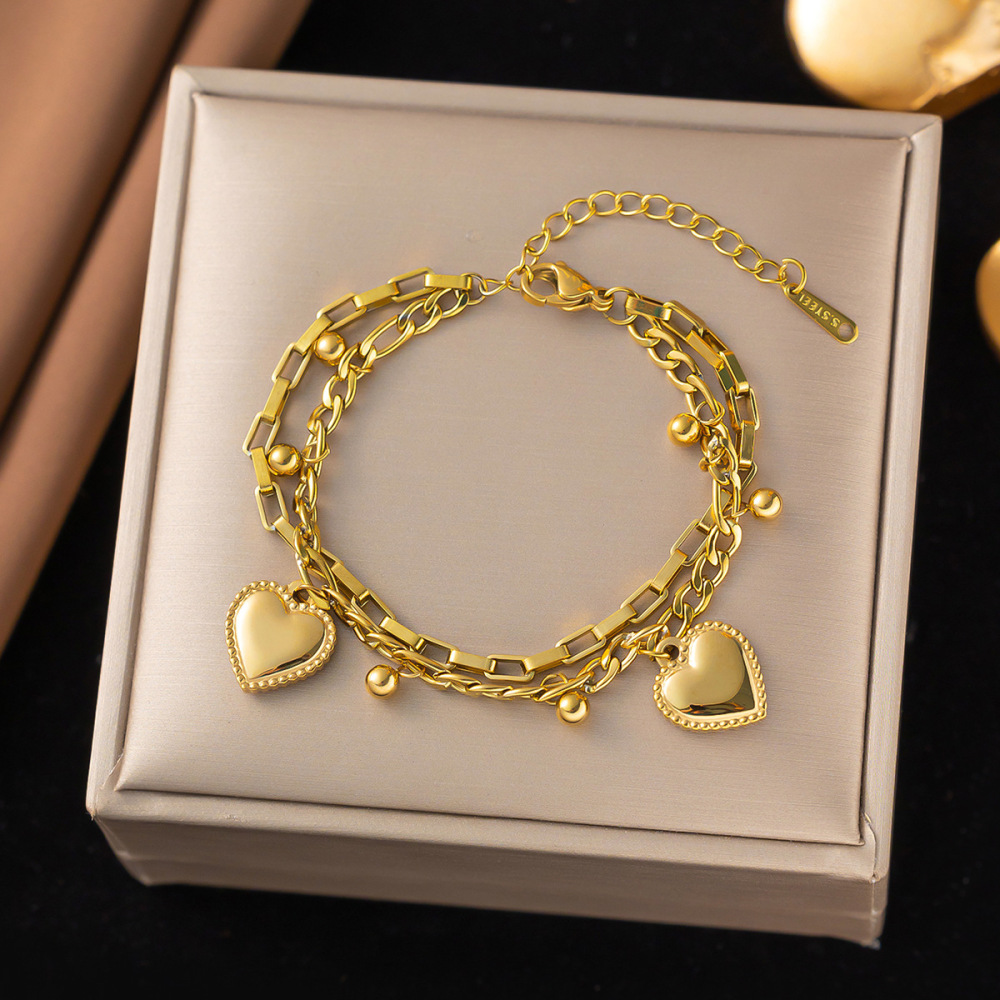 Gold Heart-shaped Necklace Bracelet Set Snake Bone Chain Design Fashion Stainless Steel Vintage Style Jewelry Accessories