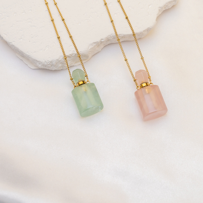 Real Gold Plated Geometric Pattern Natural Stone Pink Crystal 304 Stainless Steel Hollow Perfume Bottle Necklace Simple Design Women's Jewelry Accessories