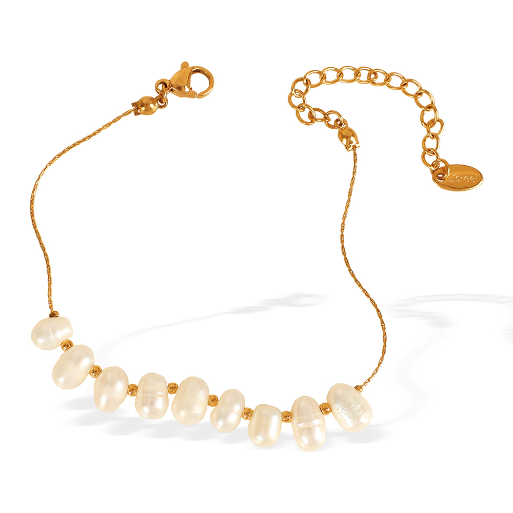 Women's 304 Stainless Steel Ion Plating (IP) 18K Gold Plated Beaded Polishing Plating Oval Freshwater Pearl Bracelets Imitation Pearl Jewelry