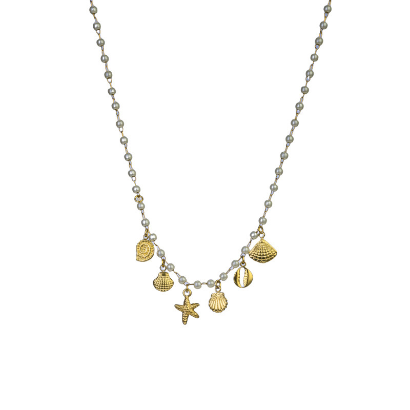 Ocean Element Vacation Style Titanium Steel Starfish Shell Pendant Pearl Necklace Women's Luxury Lightweight Jewelry