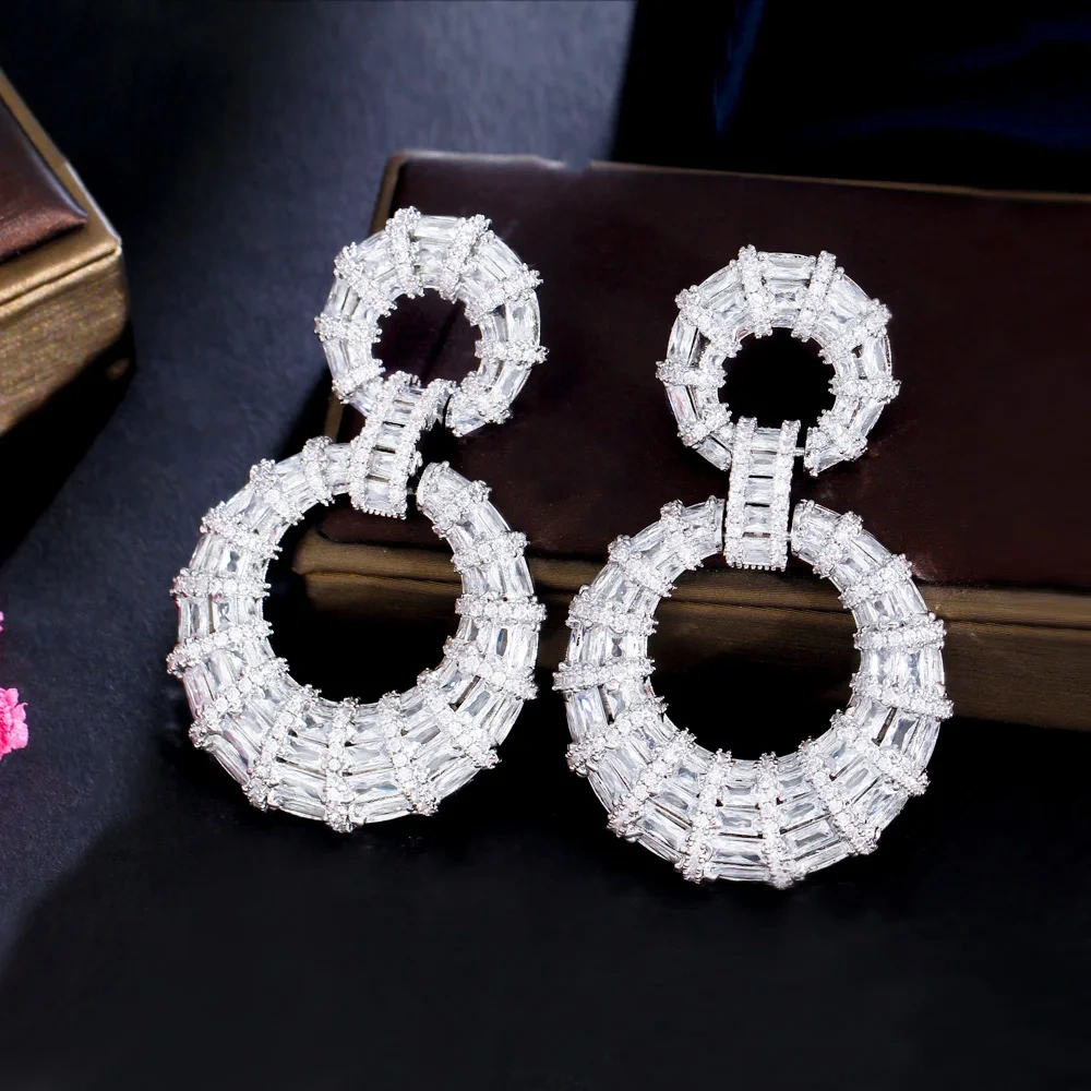 Copper Style Earrings Women Plated White Gold Thick Long Large Round Hoop Dangle Earrings Luxury Zircon Bridal Wedding Jewelry Accessories