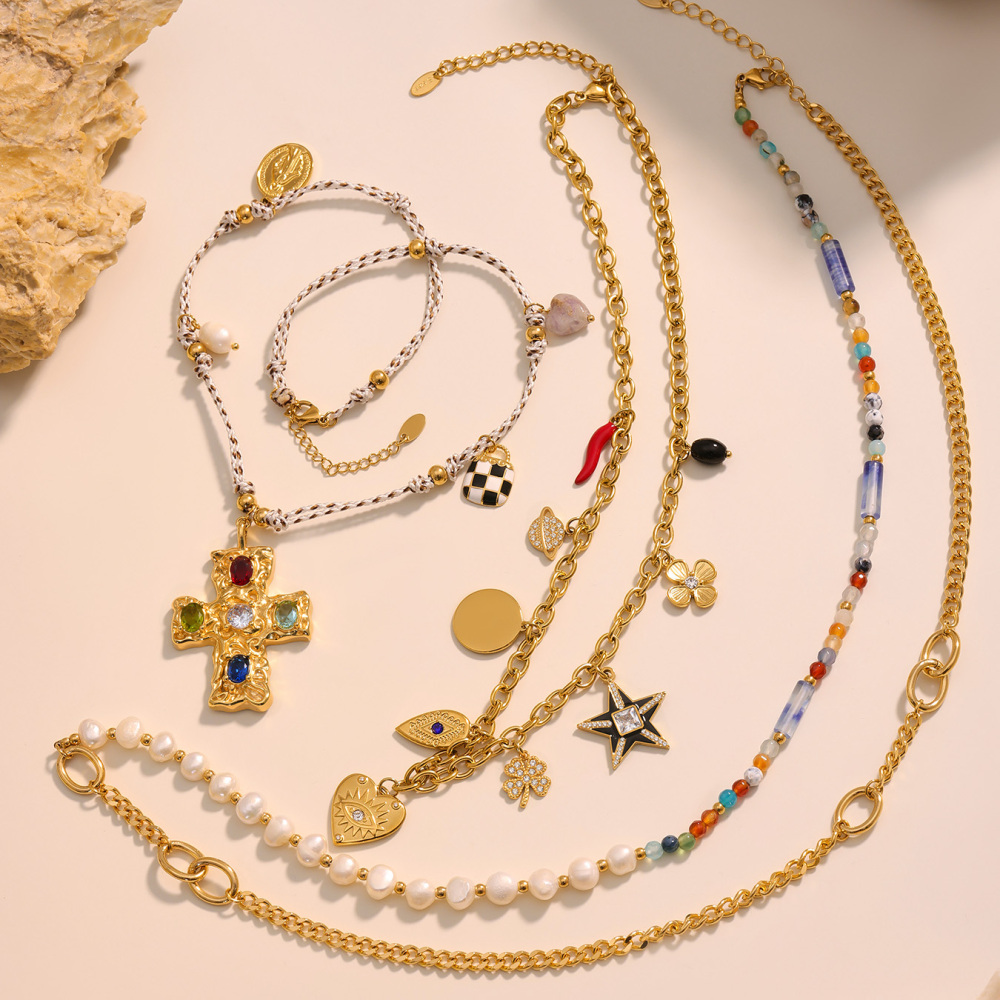 Stainless Steel Cross Pendant Necklace With Multiple Accessories Natural Stone Long Necklace Jewelry For Women Elegant And Glowing