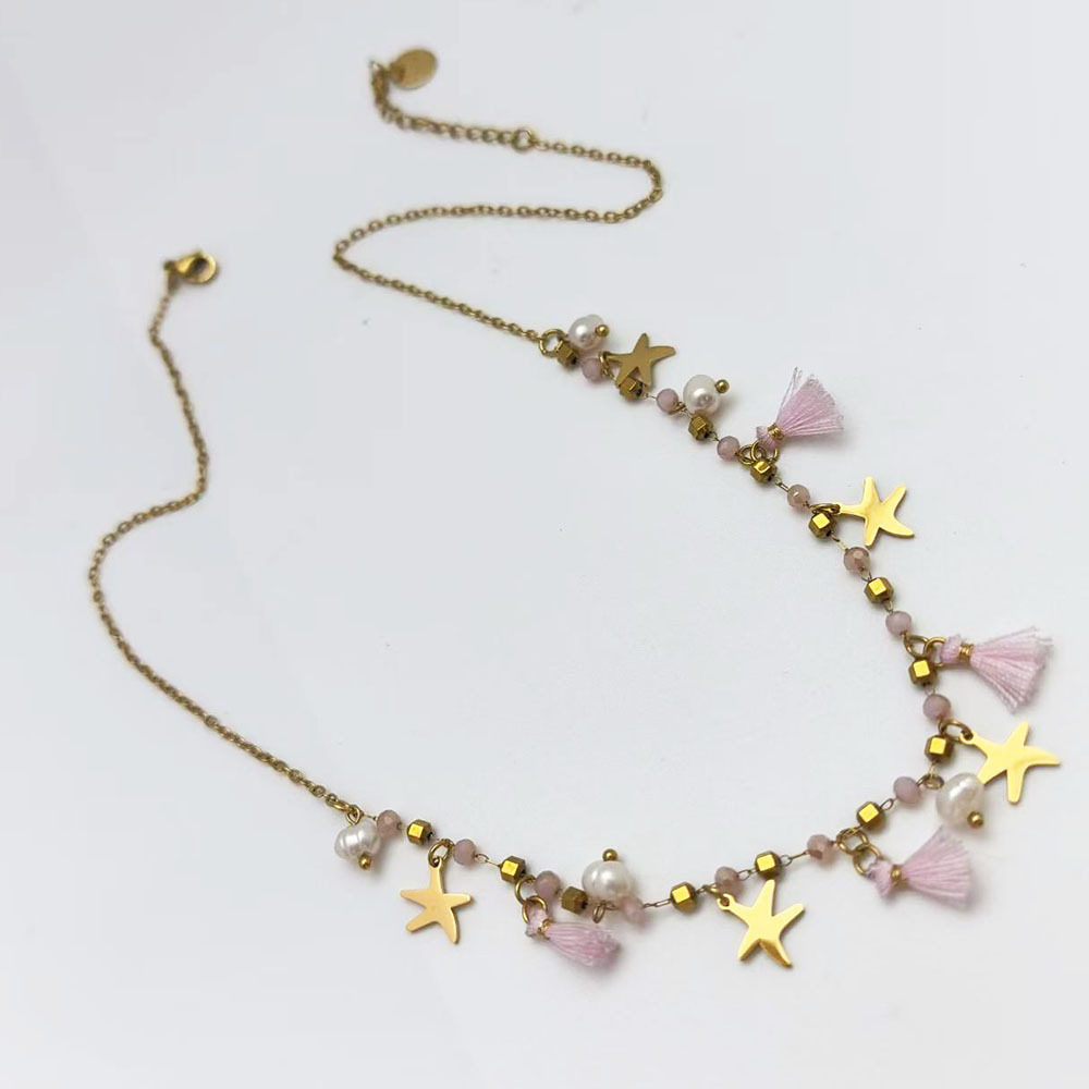 Handmade Bohemian Beach Tassel Necklace Women's Pearl Starfish Coast Jewelry Fashionable Stainless Steel Mixed Material