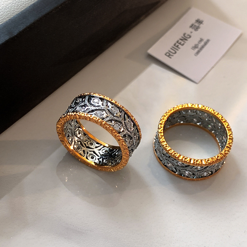 New Chinese Style Tang Pattern Grass Ring Women's Luxury Sensation Diamond Embedded Index Finger Ring French Vintage Band